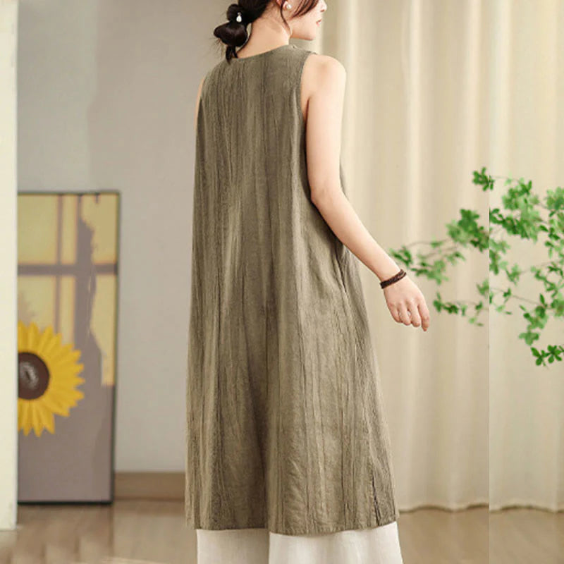 Buddha Stones Tie Dye Chinese Frog-Button RamieÂ Linen Sleeveless Midi Dress With Pockets