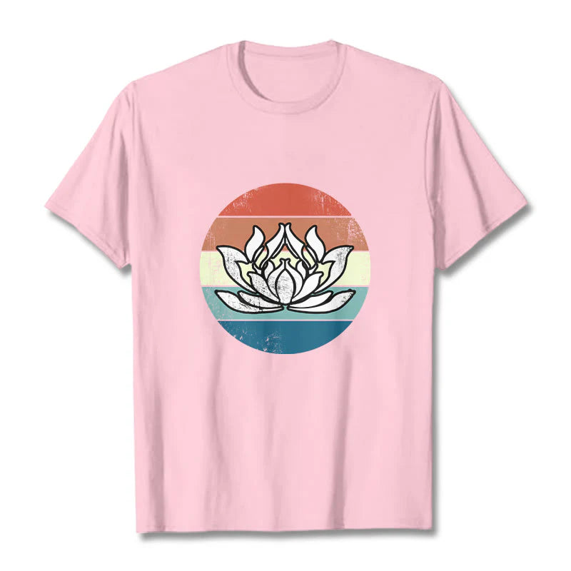 Buddha Stones Blooming Lotus Colorful Striped Pattern Cotton Tee T-shirt