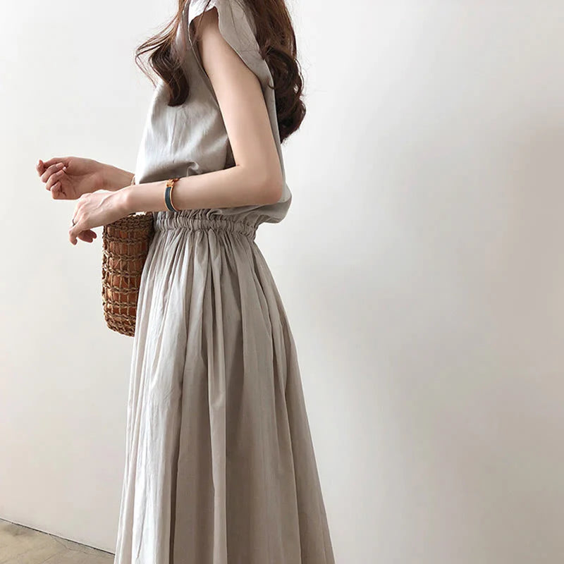 Buddha Stones Casual Eastic Waist Drawstring Design Short Sleeve Cotton Linen Midi Dress