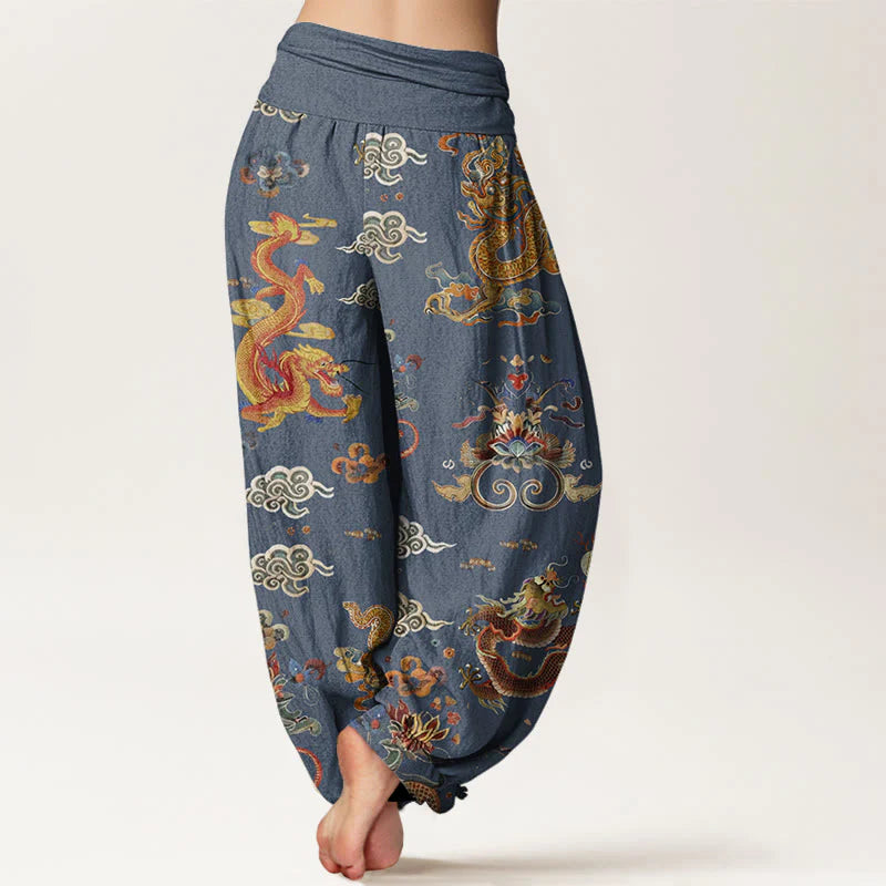 Buddha Stones Cotton Golden Dragons Auspicious Clouds Design Women's Elastic Waist Harem Pants