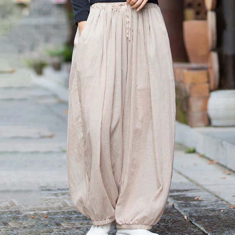 Buddha Stones Summer Plain Color Linen Drawstring Pants With Pockets