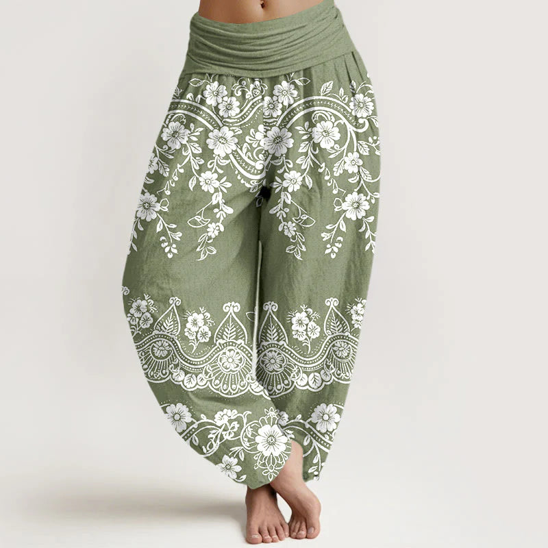 Buddha Stones Cotton Traditional Flower Vine Leaf Pattern Women's Elastic Waist Harem Pants