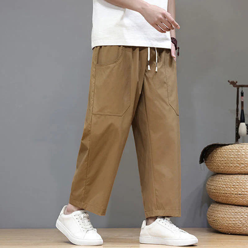 Buddha Stones Summer Solid Color Drawstring Straight Leg 7-8 Length Men's Pants With Pockets