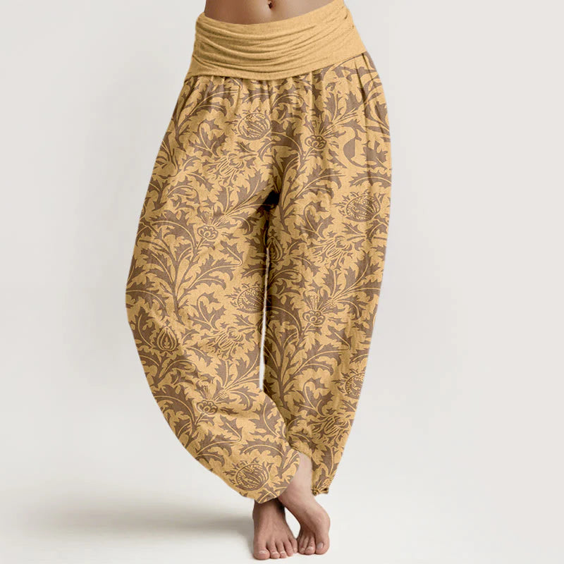 Buddha Stones Cotton Flowers Buds Serrated Leaves Pattern Women's Elastic Waist Harem Pants