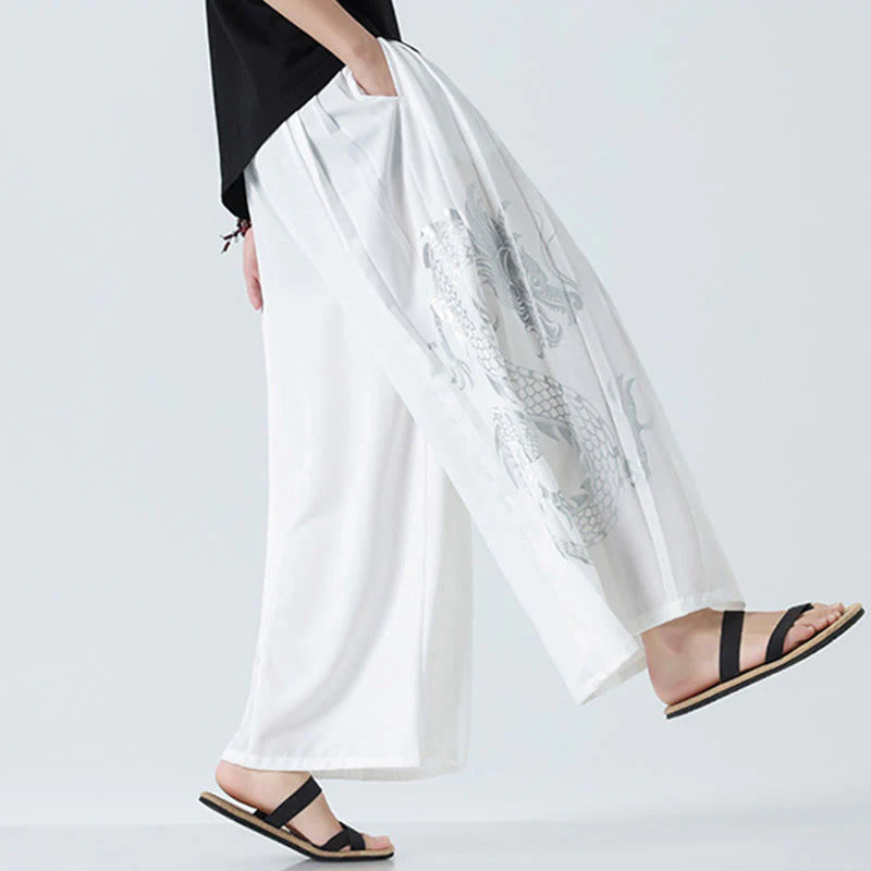 Buddha Stones Summer Dragon Drawstring Design Cotton Ankle-Length Men's Wide Leg Pants With Pockets