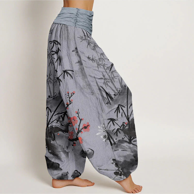 Buddha Stones Cotton Plum Blossoms Bamboo Orchids Chrysanthemums Pattern Women's Elastic Waist Harem Pants