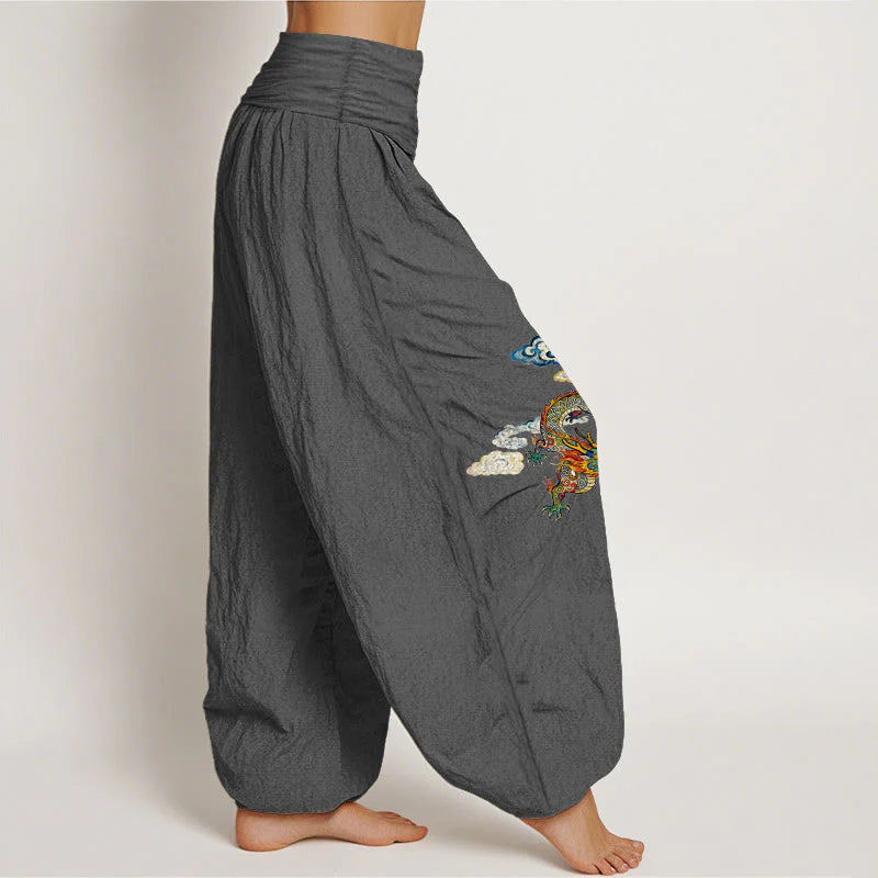 Buddha Stones Pure Cotton Colorful Dragon Cloud Pattern Women's Elastic Waist Harem Pants