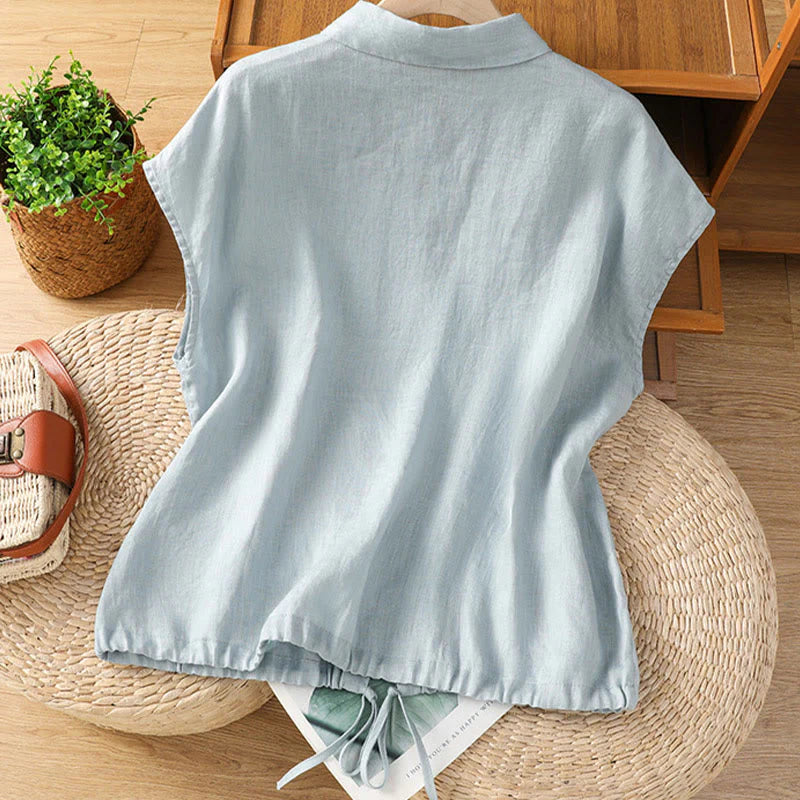 Buddha Stones Summer Plain Color Button Short Sleeve Women's Cotton Shirt