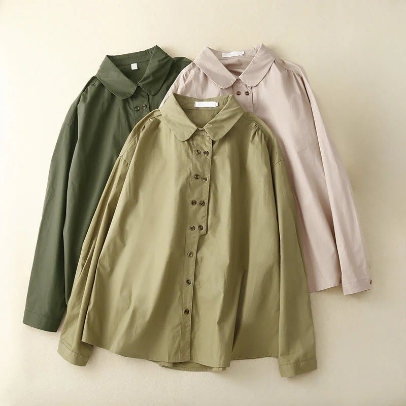 Buddha Stones Plain Double-breasted Long Sleeve Women's Cotton Lapel Shirt
