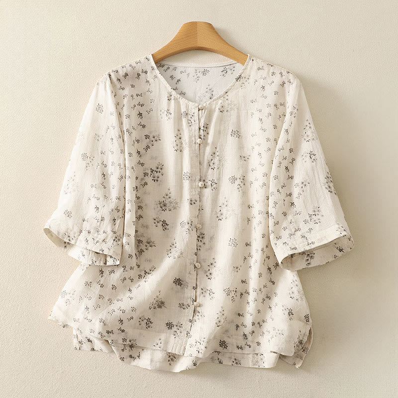 Buddha Stones Casual Floral Print Pattern Three Quarter Sleeve Women's Buttons Shirt