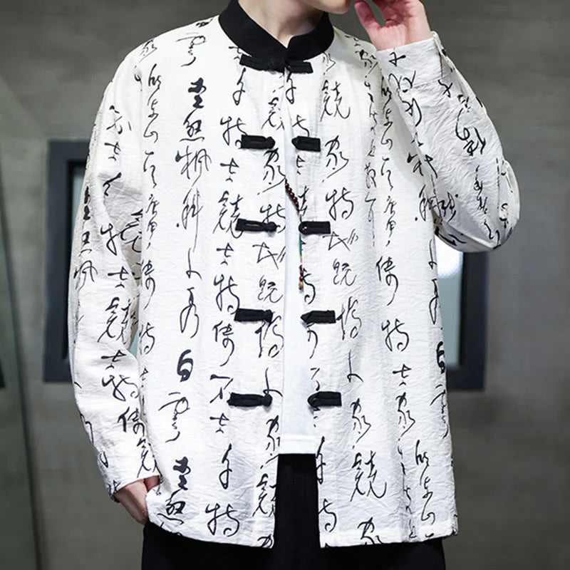 Buddha Stones Spring Fall Calligraphy Frog-Button Long Sleeve Men's Jacket