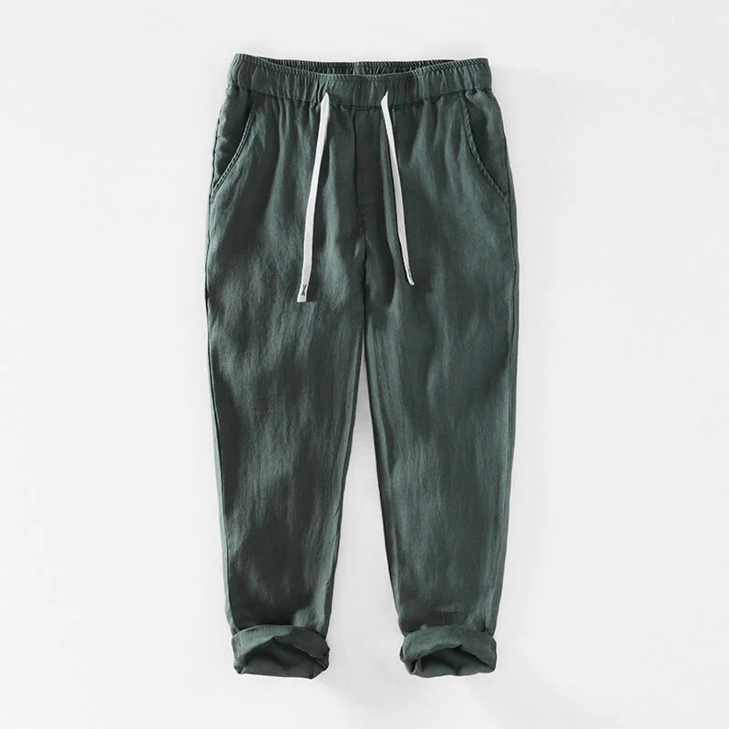 Buddha Stones Fall Solid Drawstring Elastic Waist Men's Linen Ankle-Length Pants With Pockets