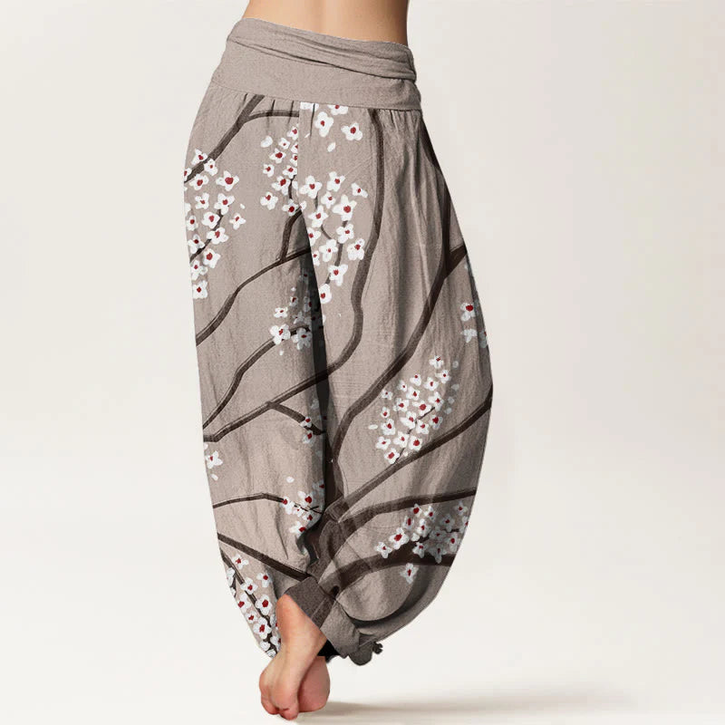 Buddha Stones Cotton Casual Plum Blossom Branch Pattern Women's Elastic Waist Harem Pants