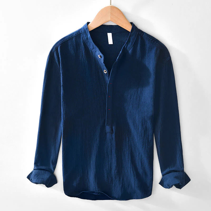 Buddha Stones Spring Fall Solid Long Sleeve Half Button Cotton Men's Shirts