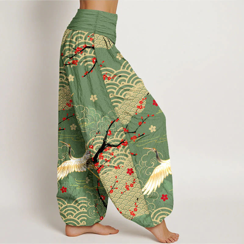 Buddha Stones Print Crane Auspicious Clouds Flowers Pattern Women's Elastic Waist Harem Cotton Pants