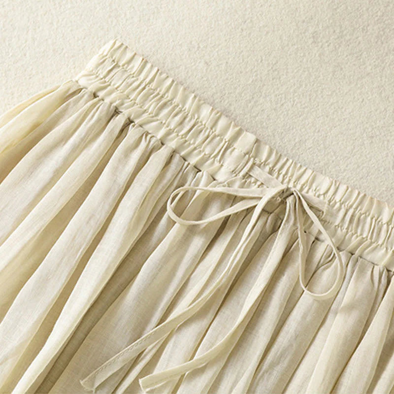Buddha Stones Summer Plain Drawstring Lace Patchwork Design Women's Cotton Linen 7-8 Length Skirt