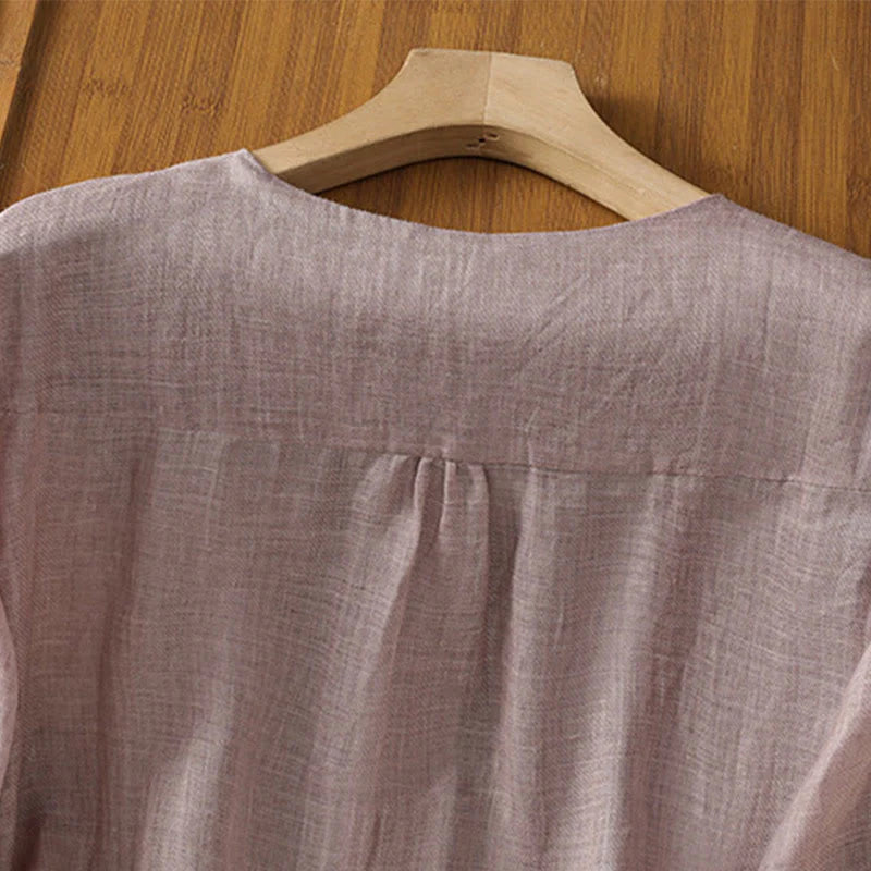 Buddha Stones Casual Embroidery Single Breasted Button Polyester Half Sleeve Women's V-neck Shirt
