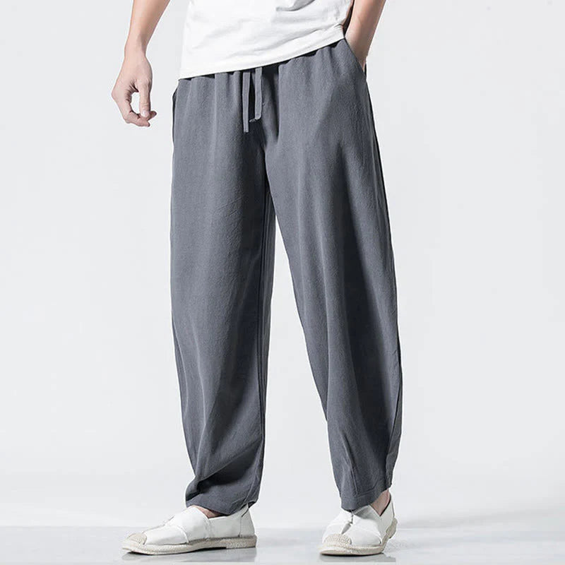 Buddha Stones Drawstring Elastic Waist Ankle-Length Men's Cotton Pants With Pockets