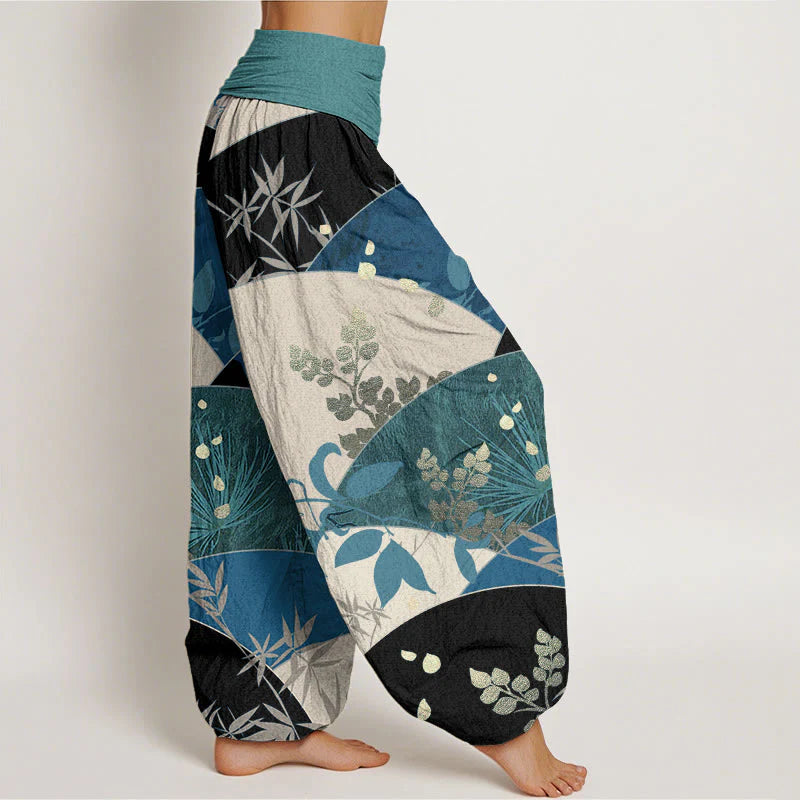 Buddha Stones Cotton Semicircle Leaves Pattern Women's Elastic Waist Harem Pants