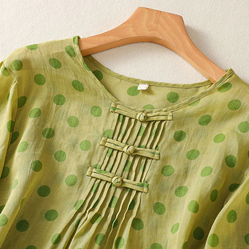 Buddha Stones Fall Round Neck Polka Dots Long Sleeve Women's Polyester Shirt