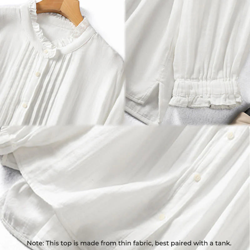 Buddha Stones White Ruffled Collar Long Sleeve Women's Cotton Shirt