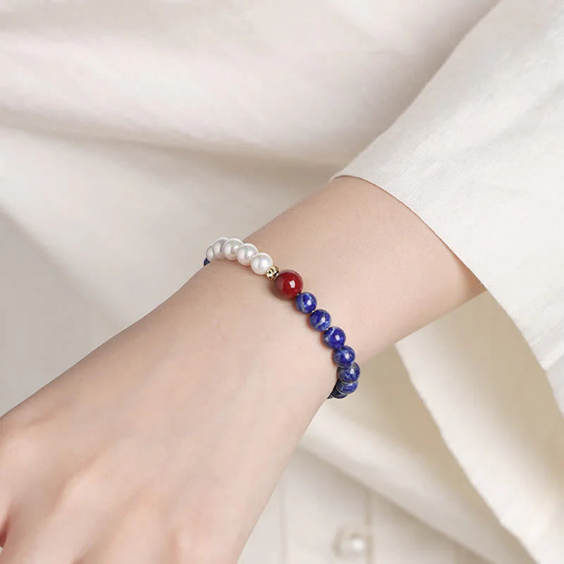Buddha Stones Lapis Lazuli Lazurite Pearl Cinnabar Positive Beaded Bracelet