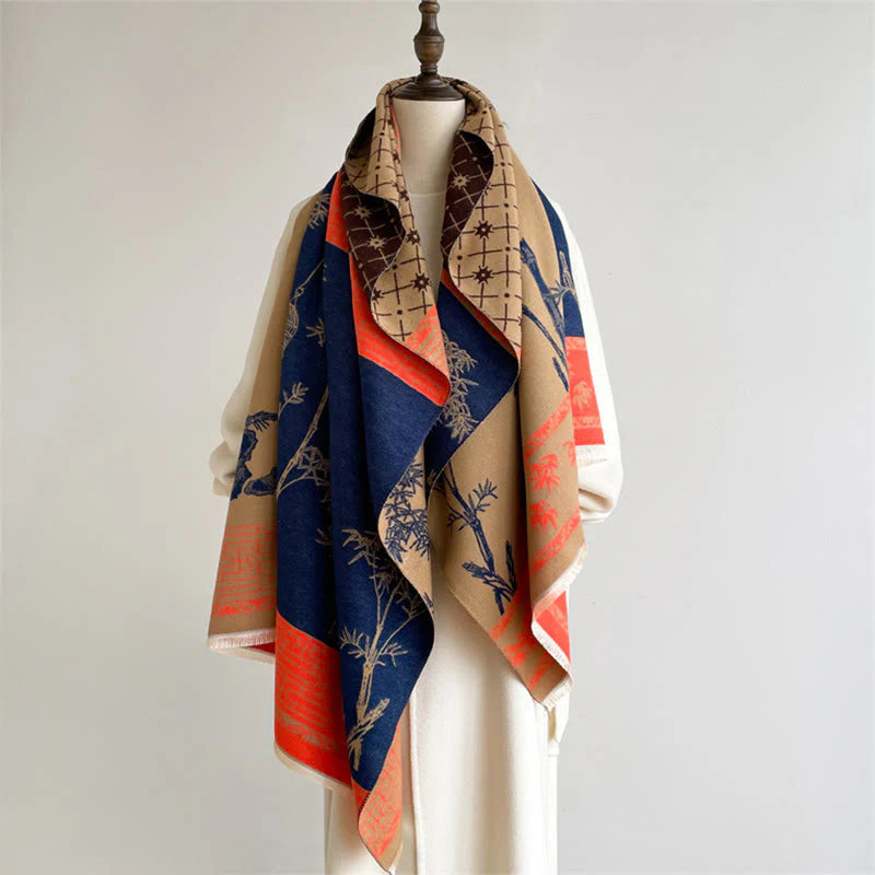 Buddha Stones Winter Bamboo Leaf Little Bird Pattern Cozy Scarf Shawl