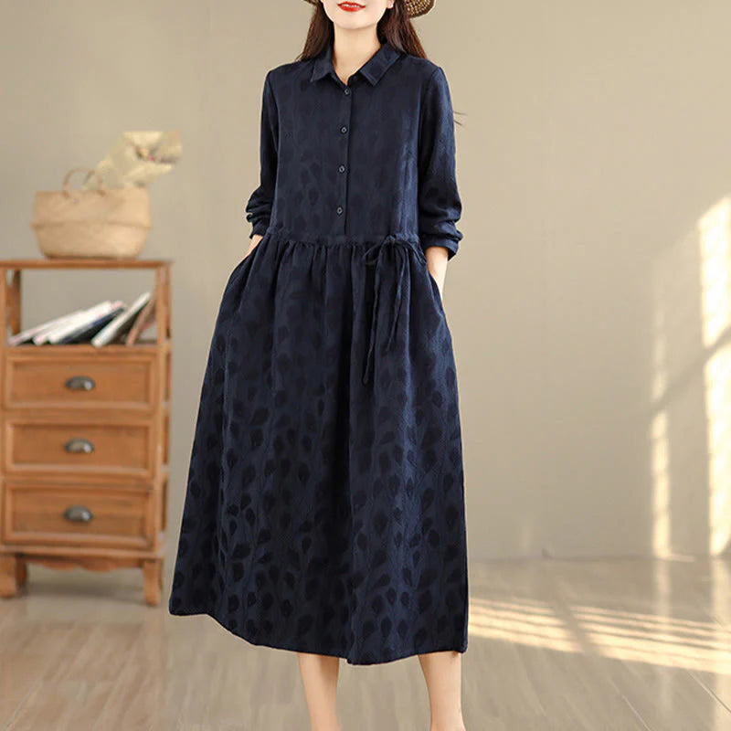 Buddha Stones Leaf Pattern Stand Collar Long Sleeve Cotton Midi Dress With Pockets