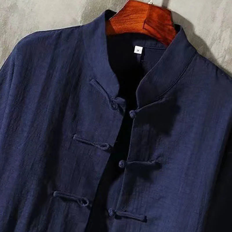 Buddha Stones Men's Tang Long Sleeve Shirt Frog Button With Pocket Stand Collar Comfort Shirt