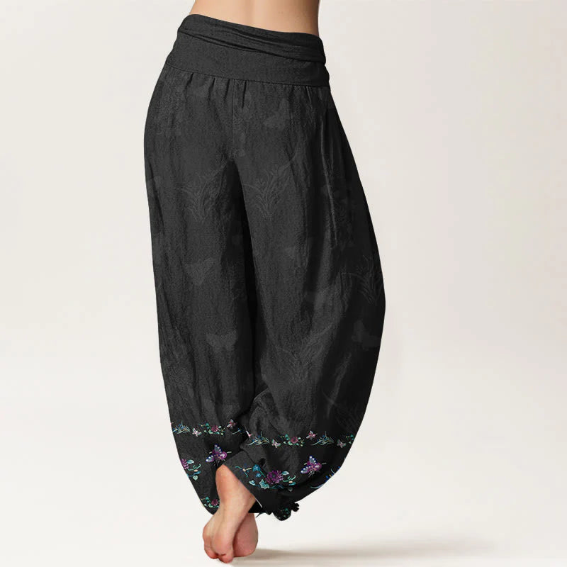 Buddha Stones Pure Cotton Trouser Legs Neatly Arranged Butterfly Grass Flower Pattern Women's Elastic Waist Harem Pants