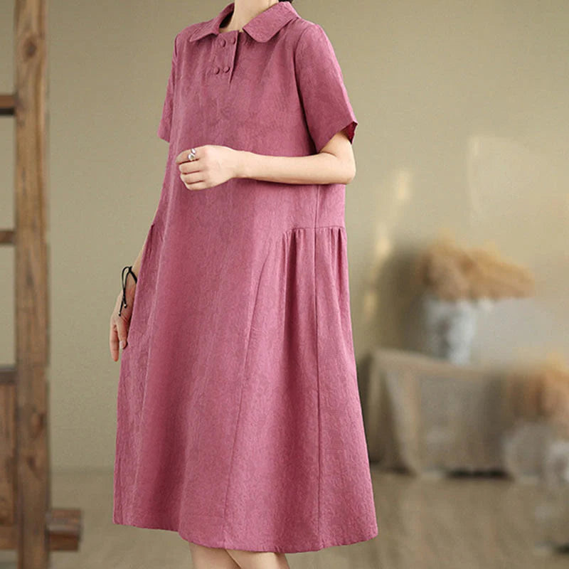 Buddha Stones Plain Jacquard Design Short Sleeve Cotton Linen Midi Dress With Pockets