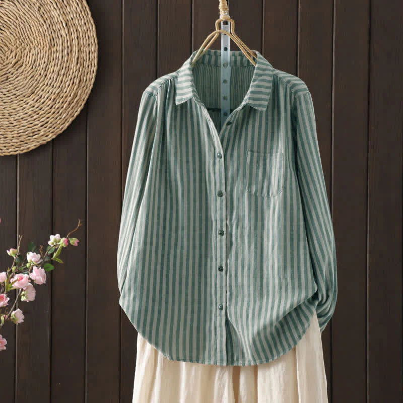 Buddha Stones Spring Vertical Stripes Long Sleeve Decorative Pocket Women's Cotton Buttons Shirt