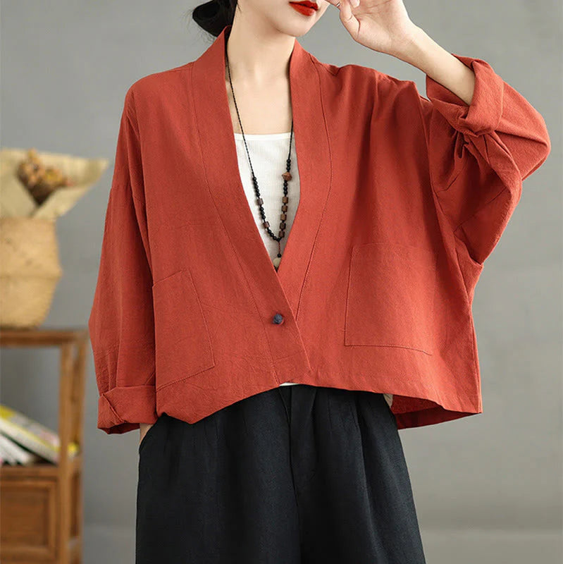 Buddha Stones Casual Vintage Plain Long Sleeve Open Front Cardigan Cotton Linen Jacket With Pockets