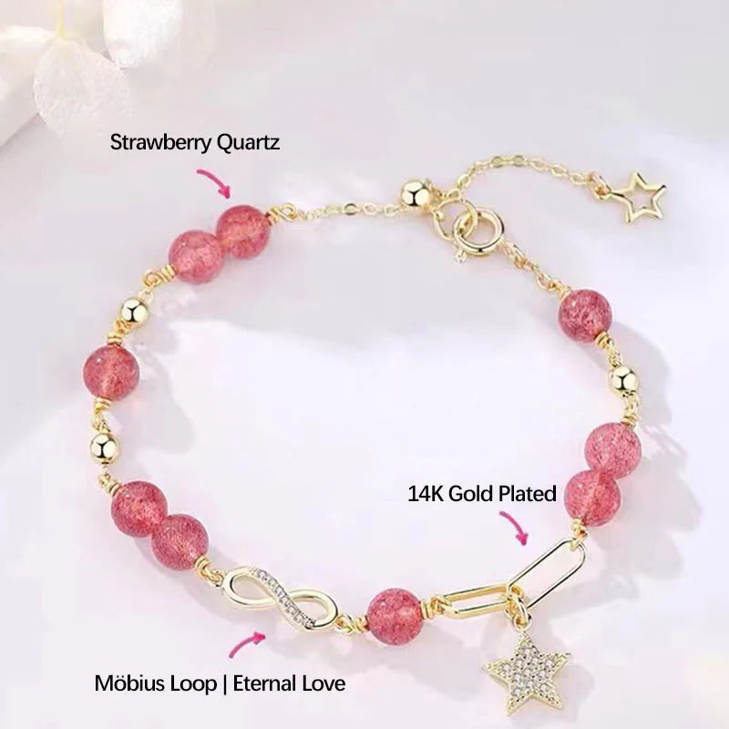 Buddha Stones 14K Gold Plated Natural Strawberry Quartz Moonstone Möbius Loop Eternal Love Star Positive Bracelet