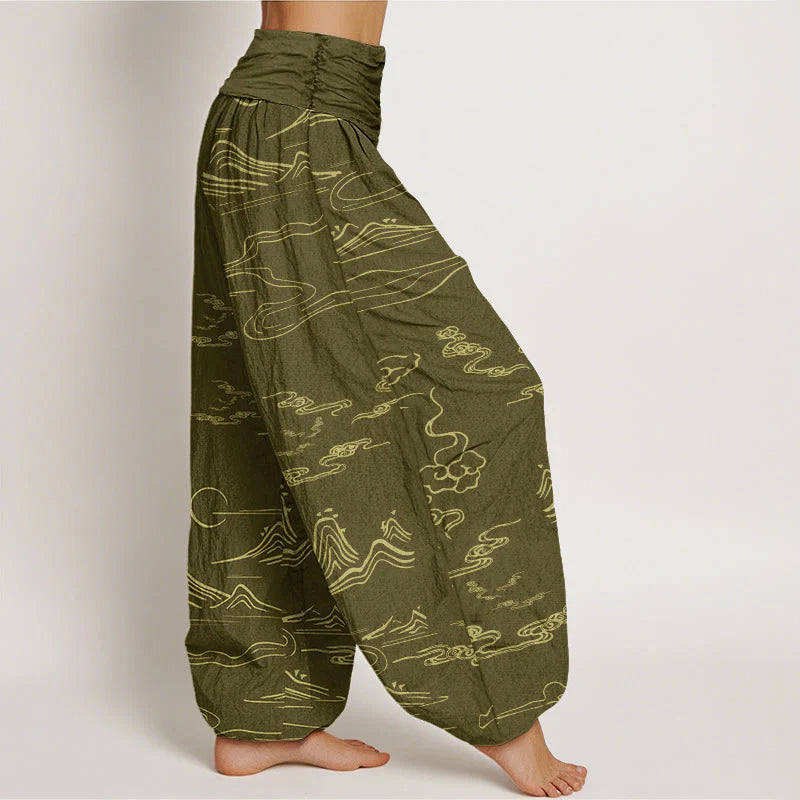Buddha Stones Cotton Mountain Moon Auspicious Clouds Pattern Women's Elastic Waist Harem Pants