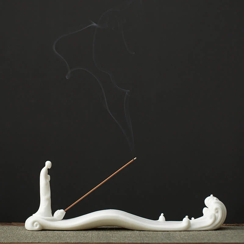 Buddha Stones Buddha Monk Ceramic Sea Wave Mountain Blessing Incense Burner Decoration