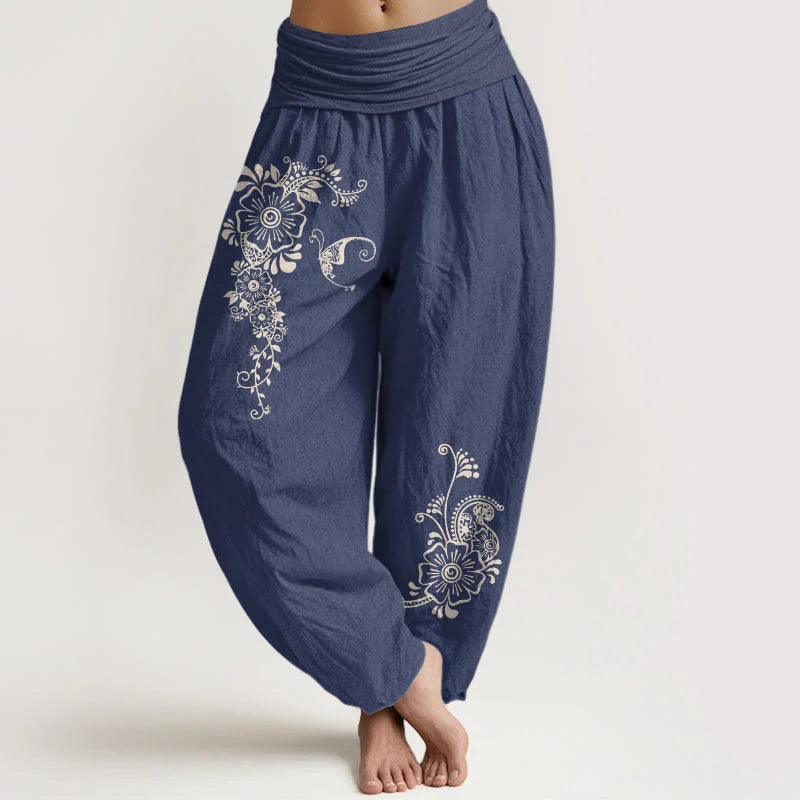 Buddha Stones Pure Cotton Simple Elegant Flower Butterfly Vine Pattern Women's Elastic Waist Harem Pants