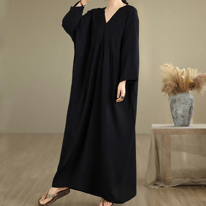 Buddha Stones Fall Pure Color V-Neck Long Sleeve Cotton Midi Dress