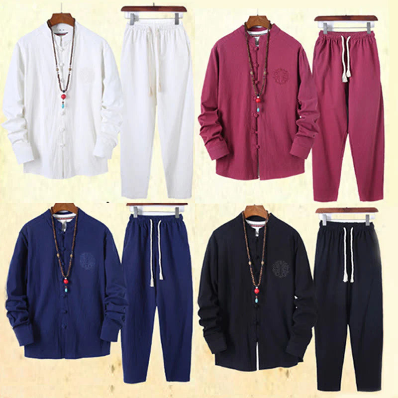 Buddha Stones 2Pcs Solid Color Men's Frog-Button Long Sleeve Cotton Shirt Pants Set With Pockets