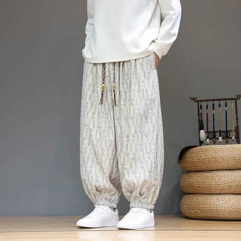 Buddha Stones Fall Jacquard Plaid Pattern Cotton Corduroy Men's Harem Pants With Pockets
