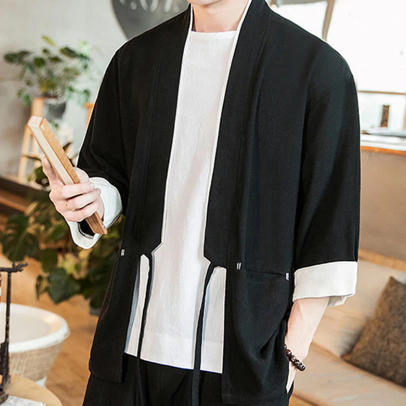 Buddha Stones Lace-Up Design Jacket Cotton Linen Men's Three Quarter Sleeve Kimono With Pockets