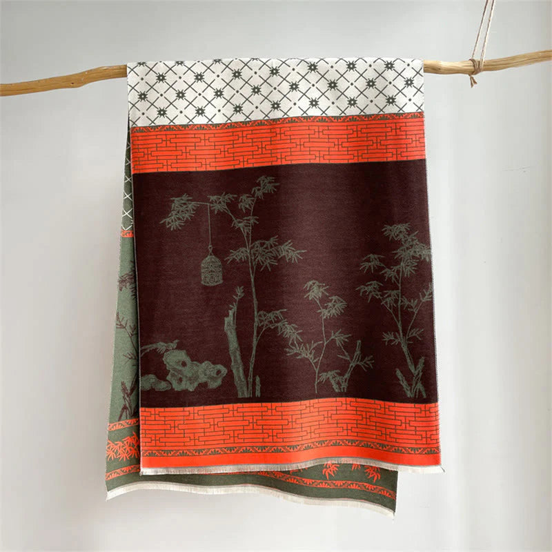 Buddha Stones Winter Bamboo Leaf Little Bird Pattern Cozy Scarf Shawl
