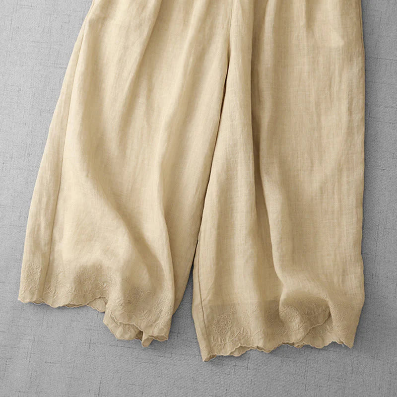 Buddha Stones Commute Solid Color Lace Embroidery Design Cotton Women's Wide Leg Cropped Pants With Pockets
