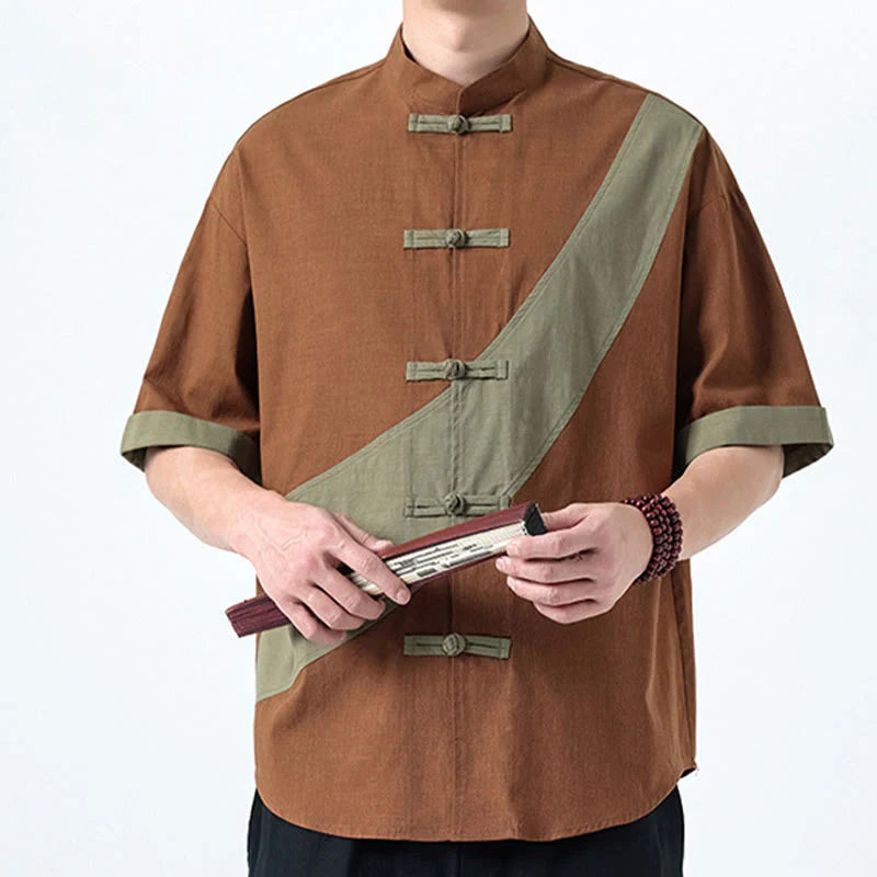 Buddha Stones Spring Color Contrast Chinese Frog-Button Design Men's Half Sleeve Cotton Linen Shirt