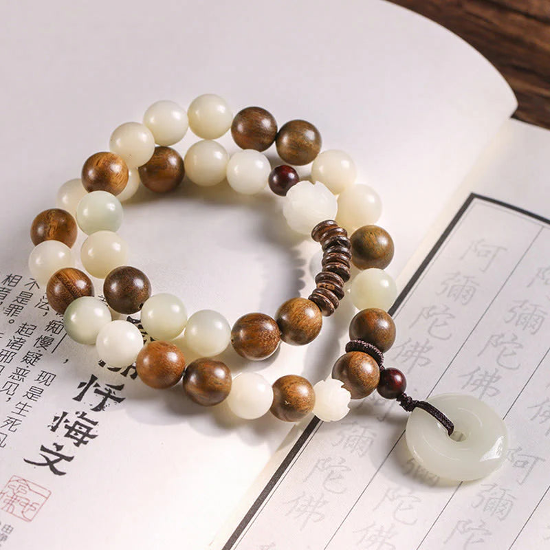 Buddha Stones Bodhi Seed Green Sandalwood Lotus Peace Buckle Harmony Double Wrap Bracelet