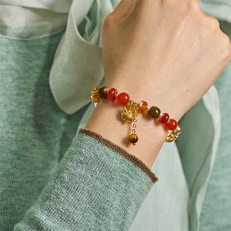 Buddha Stones Red Agate Tiger Eye Fox Charm Calm Beaded Bracelet