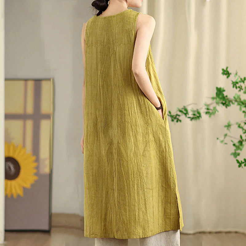 Buddha Stones Tie Dye Chinese Frog-Button RamieÂ Linen Sleeveless Midi Dress With Pockets