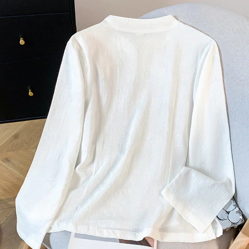 Buddha Stones Commute Jacquard Chinese Frog-Button Mandarin Collar Long Sleeve Women's Cotton Shirt