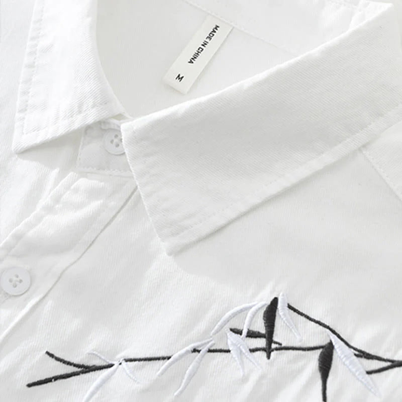 Buddha Stones Artistic Simple Design Embroidery Bamboo Pattern Men's Short Sleeve Cotton Shirt