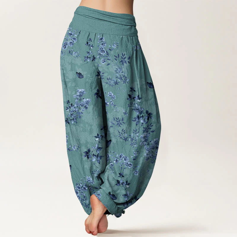 Buddha Stones Cotton Hazy Flower Leaf Pattern Women's Elastic Waist Harem Pants